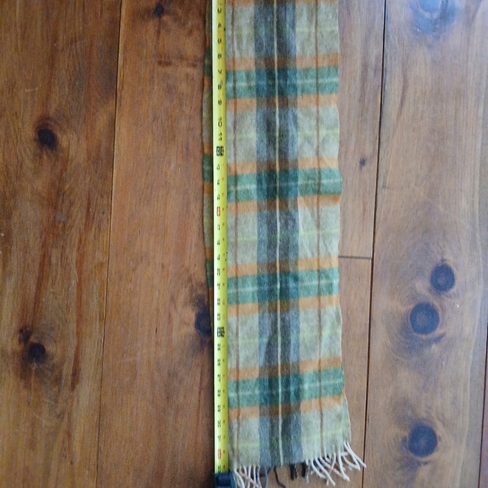Pure Wool Scarf Ireland, Green/ Rust/Beige plaid, Fringe.  66" Length, Pre-owned